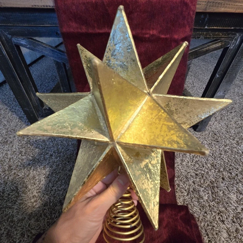 Vintage Gold Moravian Star Christmas Tree Topper Metal Spring 3D 9